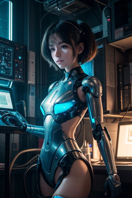 (((cyborgに改造されたエルフ))),right half is blue、left half red、cyborg,Machines are embedded in the body,whole body