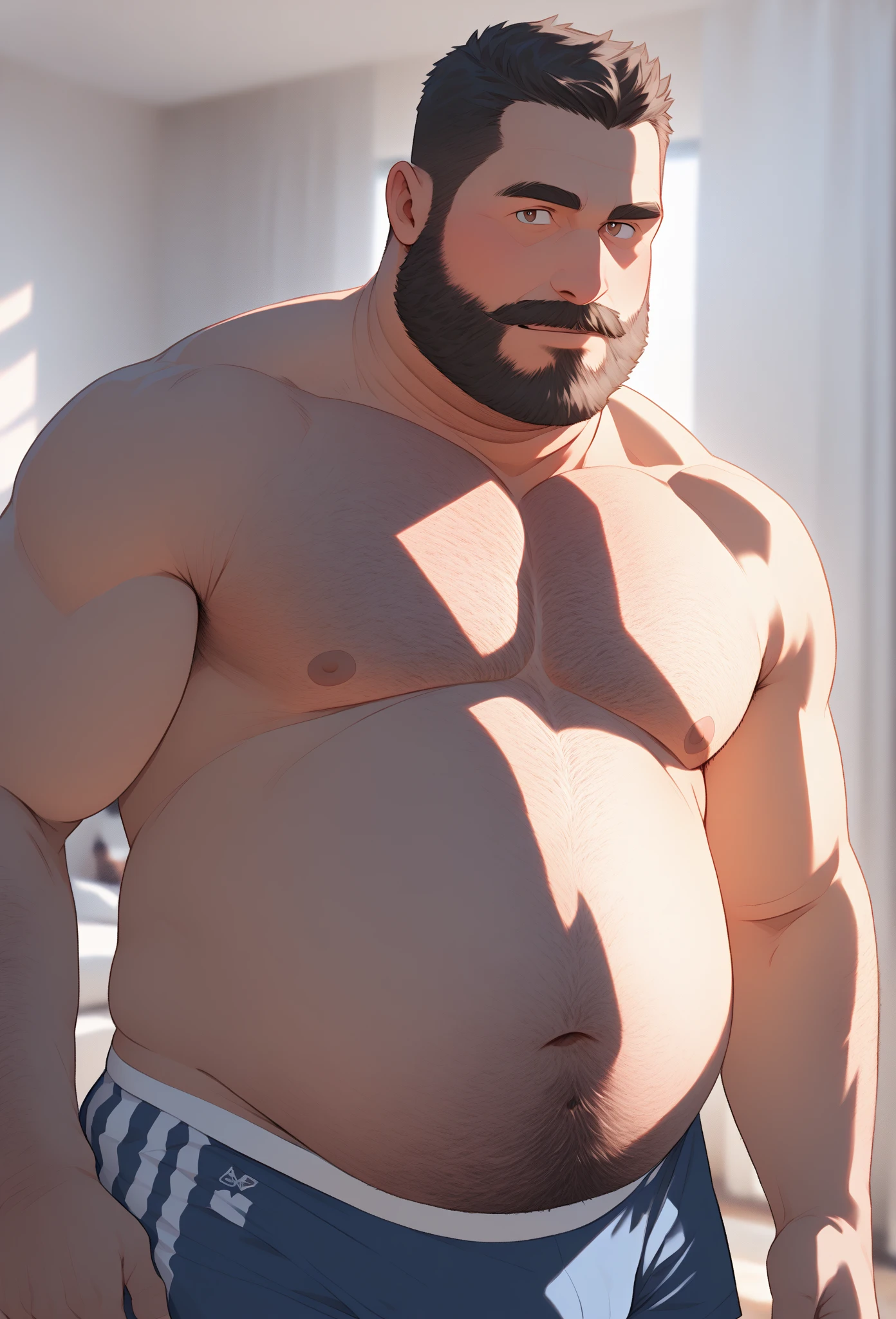 a smiling obese old man, chubby, big fat, detailed realistic portrait, 8k high resolution, sumo physique, side view, perfect center, full view, realistic skin texture, wrinkled face, short hair, thick mustache, jovial expression, huge belly, fat, wearing shorts, high detail, masterpiece, (best quality,4k,8k,highres,masterpiece:1.2),ultra-detailed