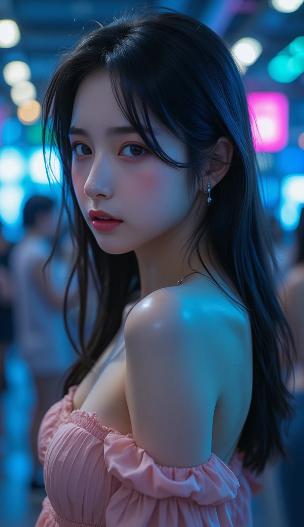 1girl,solo,long hair,Rough skin,portrait,face focus,(looking at viewer:1.2),wet hair,dark,polaroid,(depth_of_field:1.5),rainy days,outdoors,street,hair between eyes,moody lighting,Tyndall effect,Cinematic Lighting,night,lamppost,lens flare,available light,rim light,glowing neon lights,curvy,Red silk dress,korea girl,