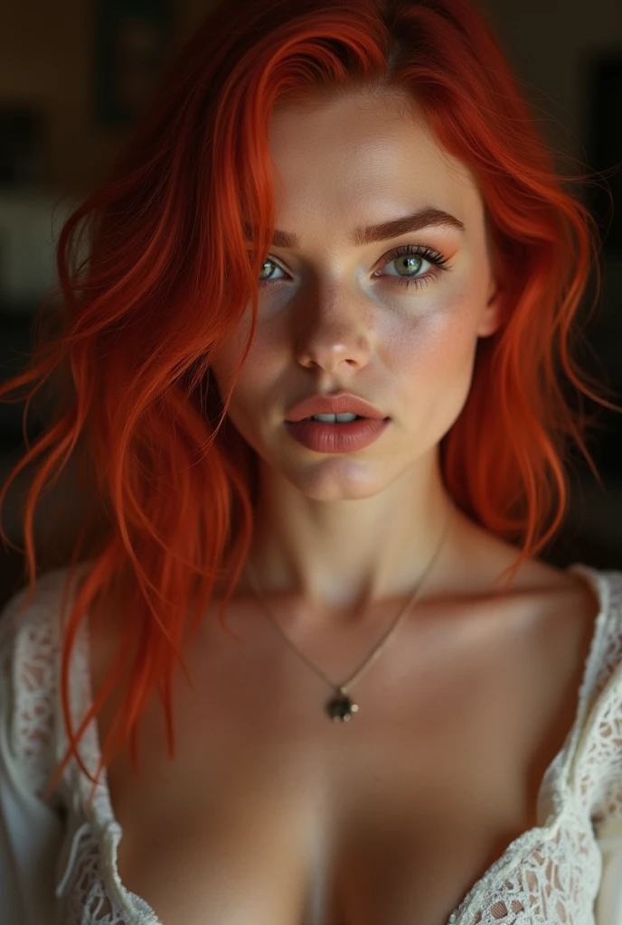 Mexican woman, brown skin, long red hair, haircut like Kurt Cobain