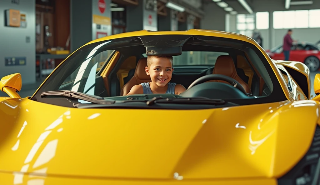 Child driving a realistic green GT Coupe as in reality full picture