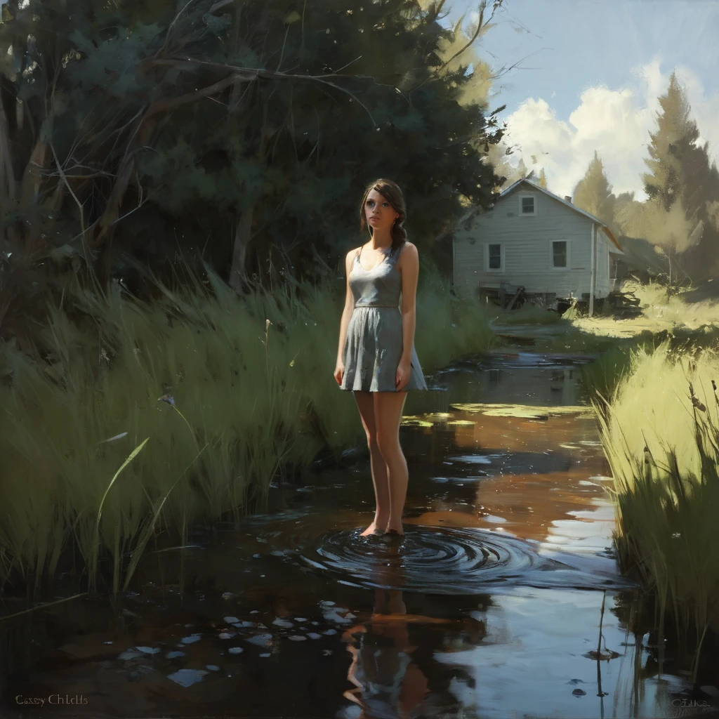 alone in the universe, Paint in watercolor style, Photorealism, discreet golden and ruby and mint shades, (nude) a gentle, modest thin girl of 16 years old with a very beautiful, exquisite face of the southern type with tender nipples walks barefoot in the distance (around the southern town) early morning (along the houses), (in profile)