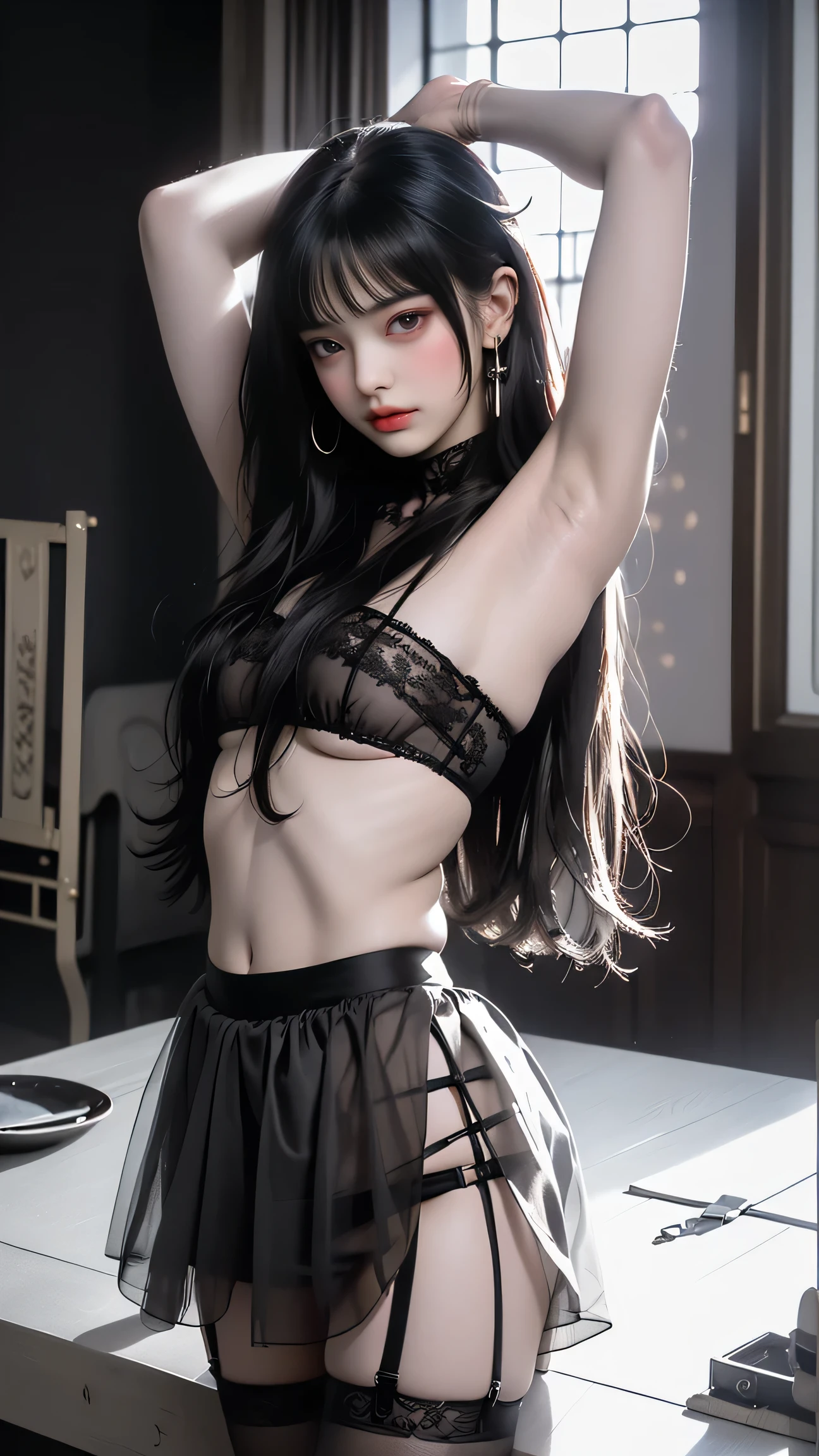 Vampire idol in gothic punk style..、big and full breasts、beautiful foot、、、Good style、、、Gothic punk black and red lolita fashion.（、a miniskirt）、、、Black hair with red mesh..、absolutely、cool expression、Illuminated by a red spotlight, united_dicephalus, (Two heads:1.2), whole body, posing, hand signals
