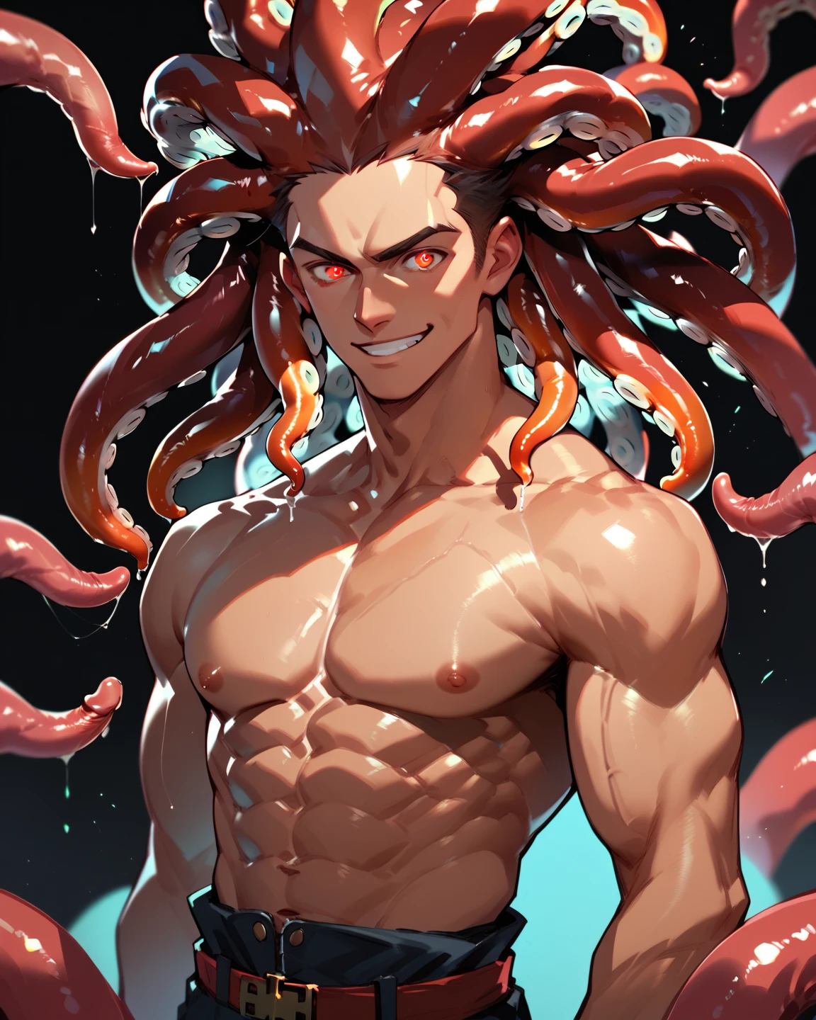 ((intricate design)) Top quality, 16K, High Definition, 16K splash art, high res, ultra sharp, ((masterpiece)), best quality, expressive eyes, perfect face, Super eyes, masterpiece, (((volumetric lighting))) (((cinematic lighting))) (((1Male))), ((muscular)), ((bodybuilder)), ((bara)), thighs, textured skin, god of tentacles, sexy tentacles, tentacle humanoid man, humanoid bodybuilder, pecs, glowing, god rays, wet, coiled, forced, melding, entangled, (((orange neon skin))), blood red slimy tentacles, lava, liquid lava wet, monsters,