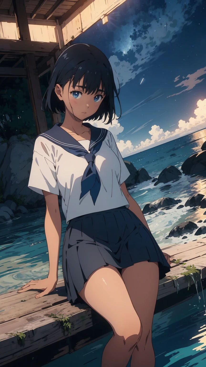 {{kofune mio}}, {summertime render}, shining sky blue eyes, black short hair, Calm expression,A faint blush, medium breasts, dark skin, dark-skinned female, white serafuku, short sleeves, black neckerchief, white sailor collar black pleated skirt,1girl, solo,very aesthetic, best quality, amazing quality, ,curated, illustration, highly detailed, anime coloring,Night sea background
BREAK
Blue Hour, (Rim Light):1.2, Warm tones, Solar flare, Soft Shadows, Vibrant colors, Painterly effect, Dream-like atmosphere
BREAK
Beautiful sea, Calm water, reflection, Clouds illuminated by the moon, Peaceful atmosphere, Beautiful starry sky, Super detailed, Official Art, unity 8k wallpaper , Tangled, Mandala,(nsfw:1.3)