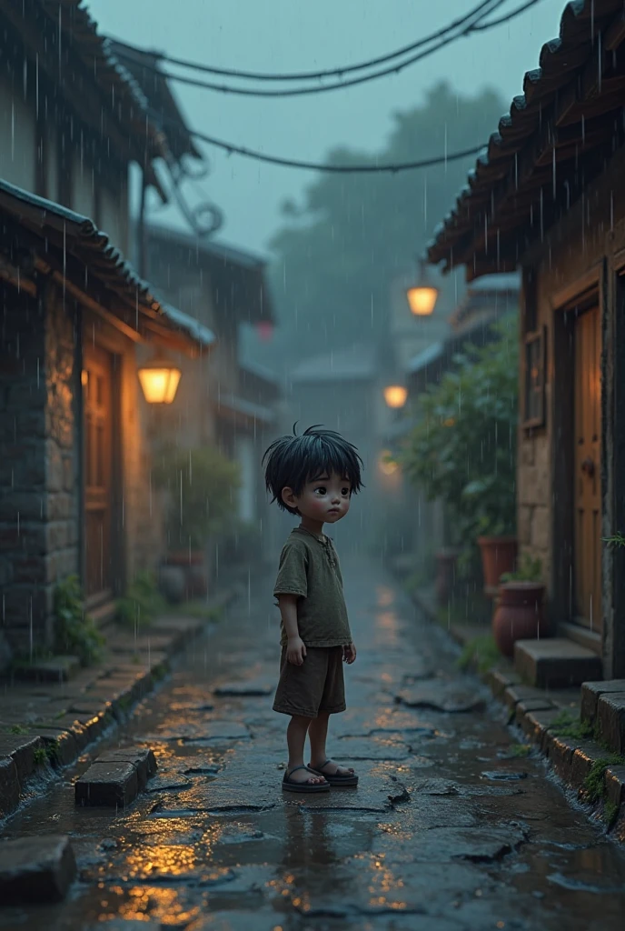 A sad child looking at the sky, close-up, under the rain, it is day.. There is a lot of vegetation around him and a village house at the edge of the road..  
