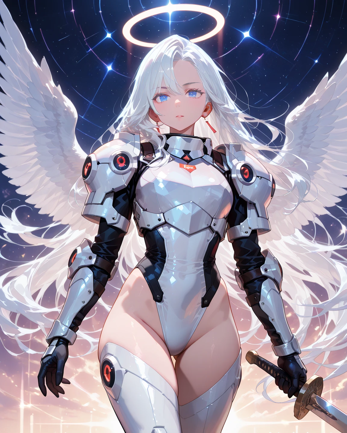 ((Cyberpunk women images)),raise one's arms high:1.4、armpits,,(masterpiece:1.4, Highest quality, Dutch Angle)(One Girl, alone)(Gray hair that changes with light、Smooth and straight hair、WHITE hair fluttering in the wind)、(beautiful, Glowing Skin、Cheek Gloss Highlighter、Sexy and very beautiful and adorable face、世界で最もbeautiful顔、big, Glowing red eyes)、(Cute 25 year old girl, large breasts、Tight waist、Delicate shoulders、Perfect figure)(Overall dark、A ruined futuristic city、The world at the end of the century、Traces of war、cave、Remains)(Futuristic combat suit、White combat armor、Highly decorated combat uniform、Mechanical Wings、Wing-shaped weapon)(Full body image)