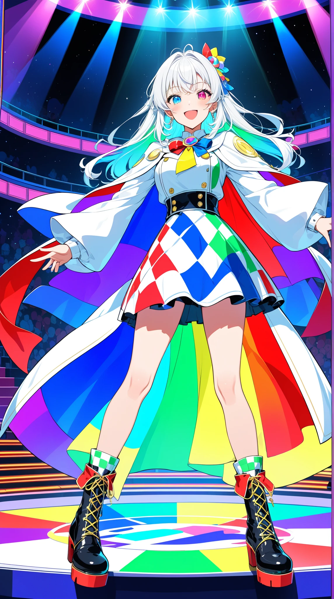anime art style:1 Fashionable Female Celebrities, Avant-garde makeup,Exquisite hairstyle,hair accessories, confidence and determination,(Colorful fashion high heels),Standing in the center of the catwalk and performing, sparkling(pop art style)clothing,concept art,fishnet stockings.