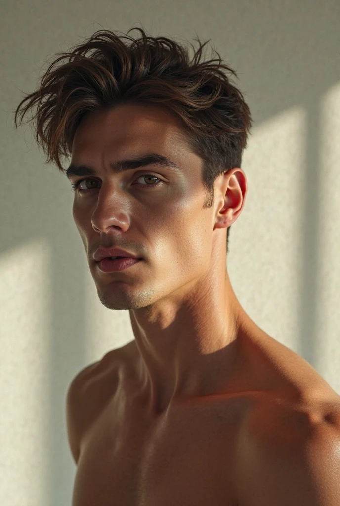 Cinematic soft lighting illuminates a beautiful Brazilian male model with stunning and ultra-realistic details,Foto de corpo inteiro da frente,olhar bonito,messy short brown hair,olhos claros de mel,Sorriso encantador perfeito,Criado sexy,Homem quente,insanamente bonita,That's the trend of ArtStation。Octane is the perfect tool to capture the softest details of this 16k photographic masterpiece。fully body image, showing abs, full body shot, zoom out,
