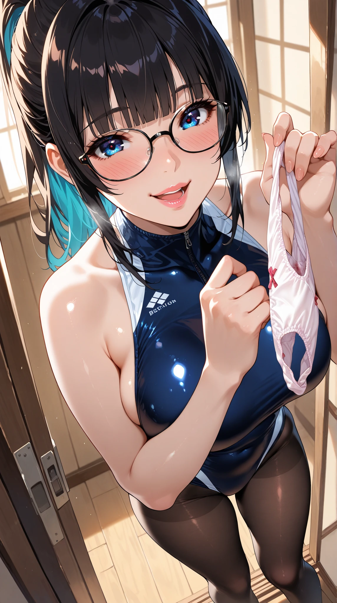 woman,14 years old,,city,night,(((white and blue tight miniskirt bodysuit))),,open mouth smile((See-through))(((glasses))),((beautiful long ponytail)),(()),blush、surprised face,((())),(())(((On the way to changing clothes)))(((While taking off my clothes)))