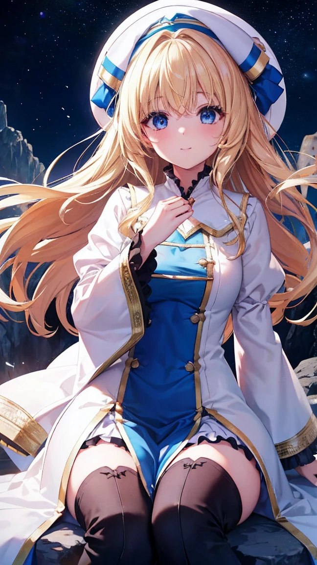 highest quality、best image quality、In 8K,4k,masterpiece、Super detailed、beautiful、super high quality、nice,game CG,beautiful女の子,five fingers,(Upper body:1.3),shrine maiden, blonde hair, blue eyes, long hair, hair between eyes,magic wand to grab,smile,knee high boots, dress, frills袖, frills, have, white hat, pelvic curtain, high heels, robe, thigh boots, white thighs, long sleeve, plump sleeves,hair blowing in the wind、starry sky,A mysterious space,(Sitting on a big rock),I clasped my hand,Light Powder