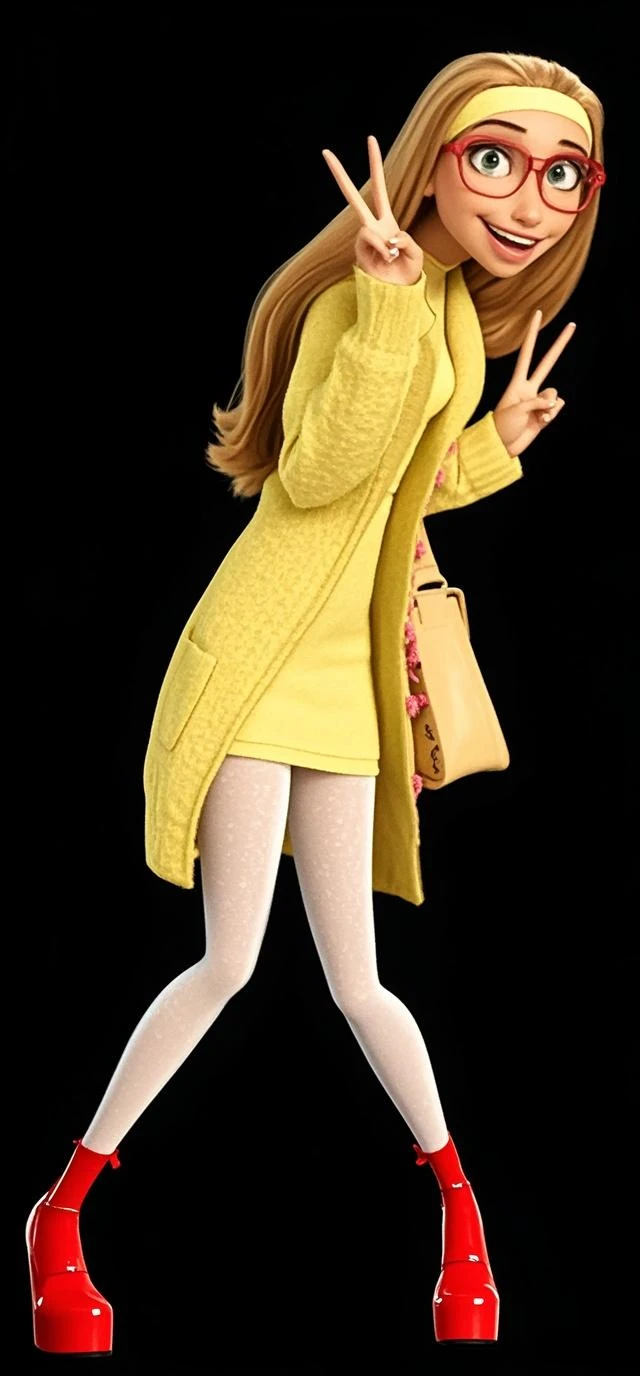 <lora:VRAMsHoneyLemon640:0.8>, 1girl, xyzhoneylemon, 3d disney style, full body portrait, long hair, portrait, glasses, hairband, pink glasses high heels, blonde hair, full body, yellow dress, yellow lab coat, white leggings,