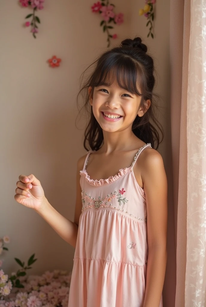 7 year old girl, Asian, wearing a cute pink dress, in a bedroom