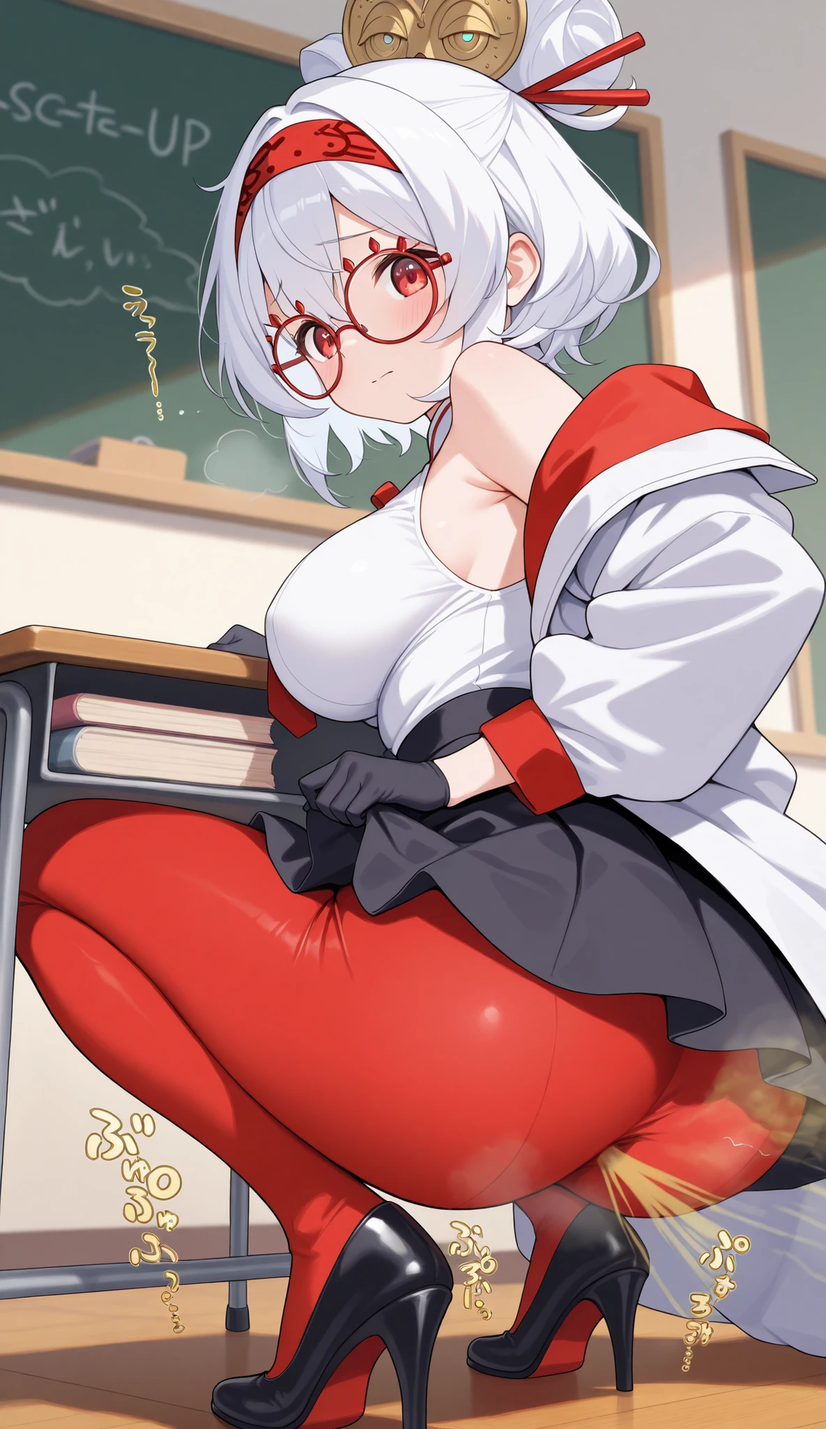 eye hiding coif,Blindfold,NSFW,1girl,Silver Hair,Red eyes,Curly medium short hair,Square glasses,Wearing a large white coat,hoodie,,Dairy-free,garter belt,Troubled expression,Ahegao,Sit on a chair,desk,Character portrait,full Art,比基尼,pussy juice,Open pussy,creampie,Sex