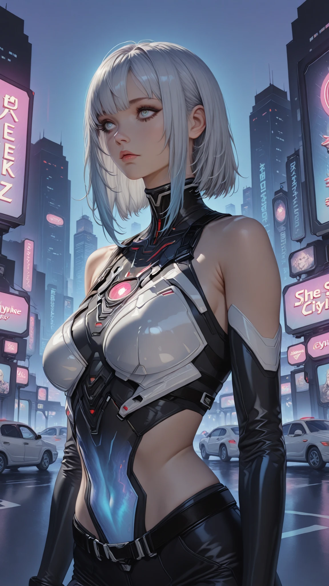 (8K), (best quality), (muste piece: 1.2)　　cyborg, android, robot, wiring, switch, Control panel, girl, , skeleton, Silver, 白Money, Money, bronze, red, green, green, Colorless and transparent, skeleton, legs open, electronics, bright, information　Zodiac constellations and starry sky, Purple hue like a nebula, Vast space, (((Cyberpunk City at the Bottom)))、（Don't put text in the background: 1.2）
