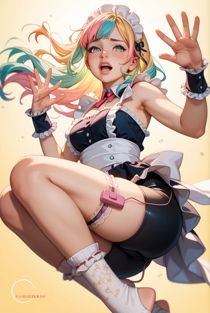 kawaii, (masterpiece, best_quality, ultra-detailed, immaculate:1.3), epic, illustration, welcoming, 1girl, (clockwork bubblegum celestial geisha:1.3), (in a rusted spring meadow:1.3), scenery, (full body:1.4), light orange hair with green highlights, drill hair, shiny peach lipstick, long eyelashes, (blush:1.3), , forest green eyes, pose, [:outlandish costume design:0.2], dancing,muscular,(from behind:1.5), (looking at viewer:1.7), wide hips, tall, sexy hourglass figure,skindentation, (underwear:1.2), <lora:EnvyBeautyMix05:1.15>