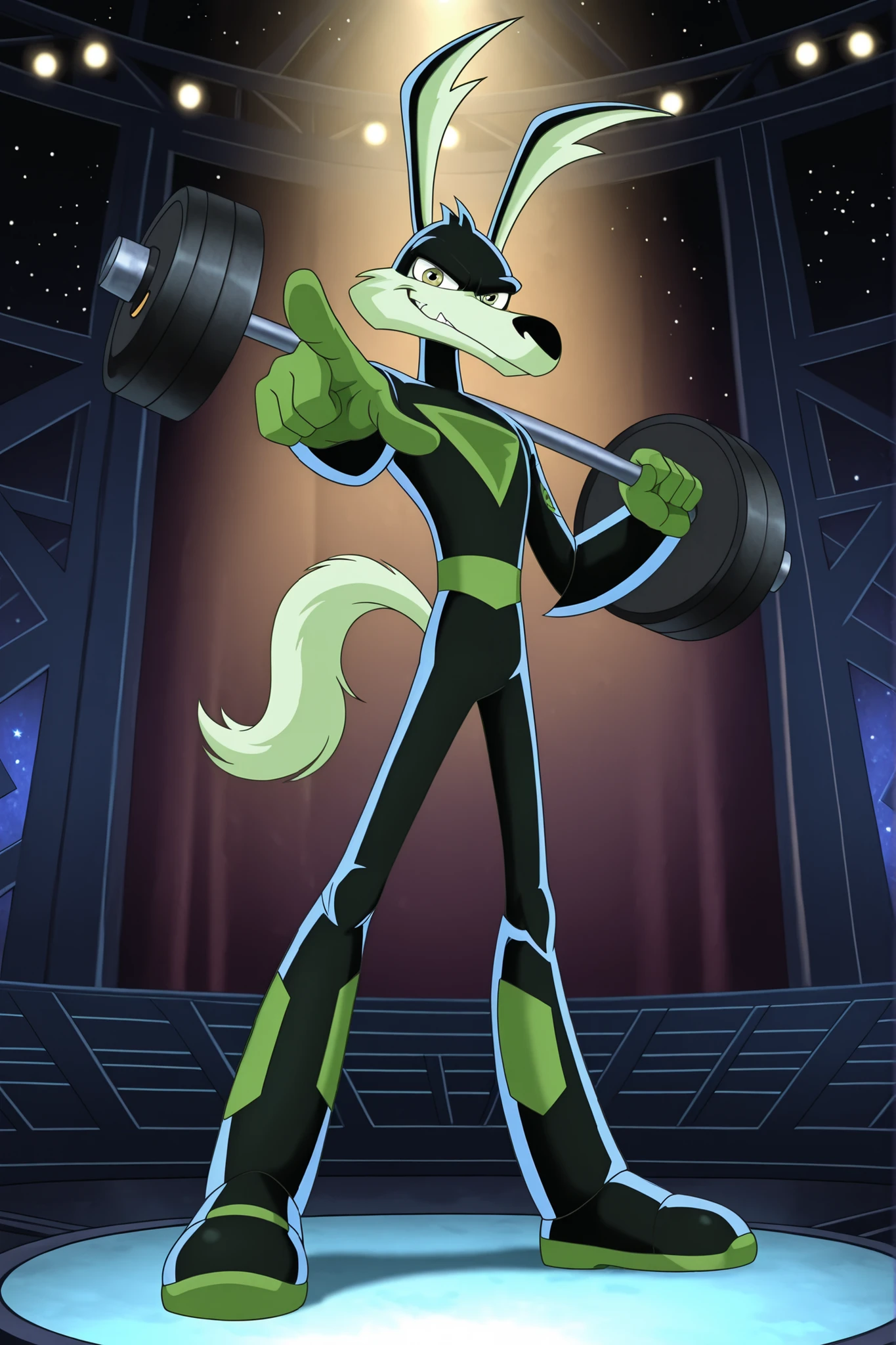 Techcoyote, 1boy, , standing, looking_at_viewer, stage background, stars, pointing at viewer, smirk, lights, lifting a heavy barbell with , full body, masterpiece