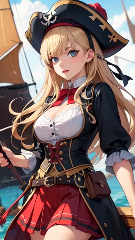 ((medieval world)), (noble's daughter who became a pirate, captain, (medieval European aristocratic unbuttoned dress, luxury jewelry), breasts, she has a long westerner sword), on the deck of a medieval large galleon that was made of woods during the Age of Discovery in the Middle Ages, windy, a lot of cargo, standing and spread legs, (((swollen areolas, pubic hair))), smiling, angle from below, in the ocean,