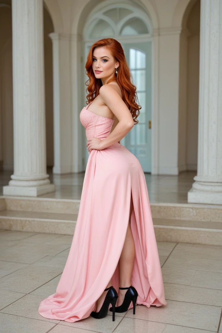 Jessica Chastain in a ball gown with enormous cleavage with a sexy smile.