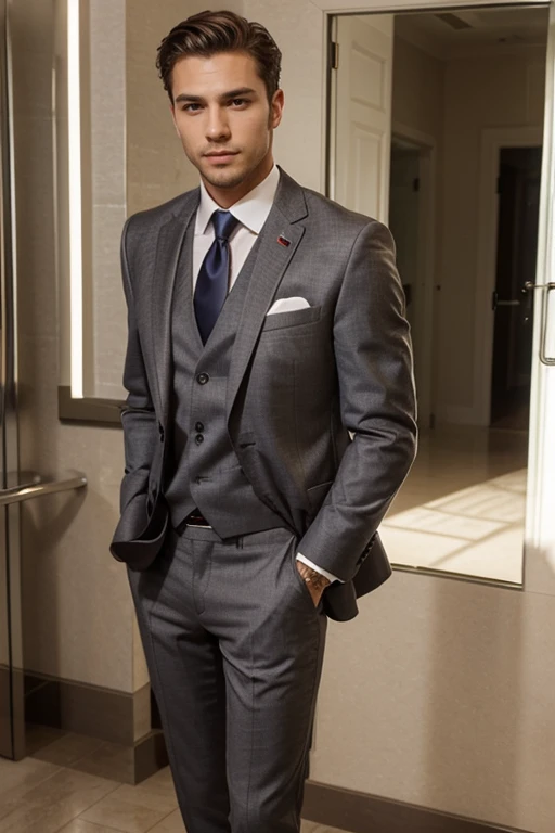 full-shot,(symmetry),centre,A cruel blonde sporty type real man, Set against the backdrop of a medieval castle and Ferrari cars in front of the front door,A very thin white man with short hair,Wear a classic three-piece suit,35 mm,natural skin,Clothing details, 8k texture, 8k, insanely details, intricately details, Ultra-detailed and highly detailed,Realistic,Soft cinematic light,hdr,sharp focus, ((((Cinematic look)))),complex, ellegance, highly detailed,Jerry Gionis style ,Hyperphotorealism