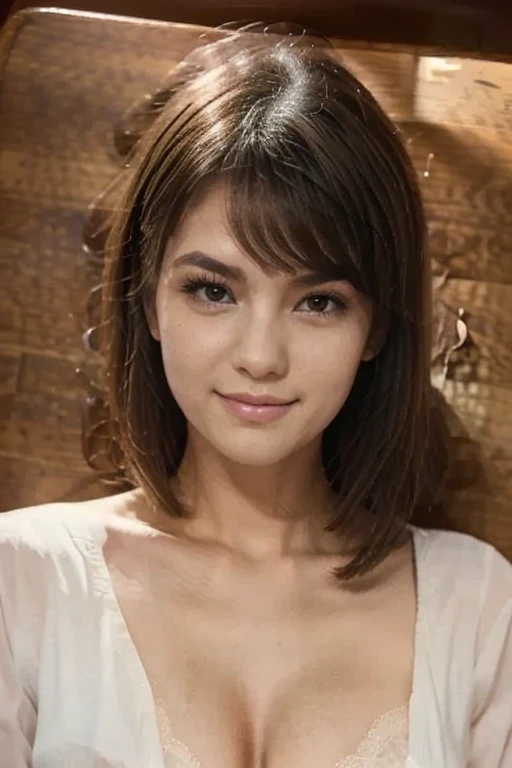 ((((masterpiece、Highest quality、High resolution、Tabletop、wallpaper、Realistic、short hair、Professional Lighting、Face Light、Smooth lighting、a Beautiful Indonesian women、light makeup、seductive pose、gravure、sexy、so beautiful、Beautiful Skin、Beautiful and exquisite、Detailed face、slim、Looking into the camera、ample Cleavage、puffed Breasts、20-years-old, ,outdoors,Looking at the camera, soft smile, sensual lips