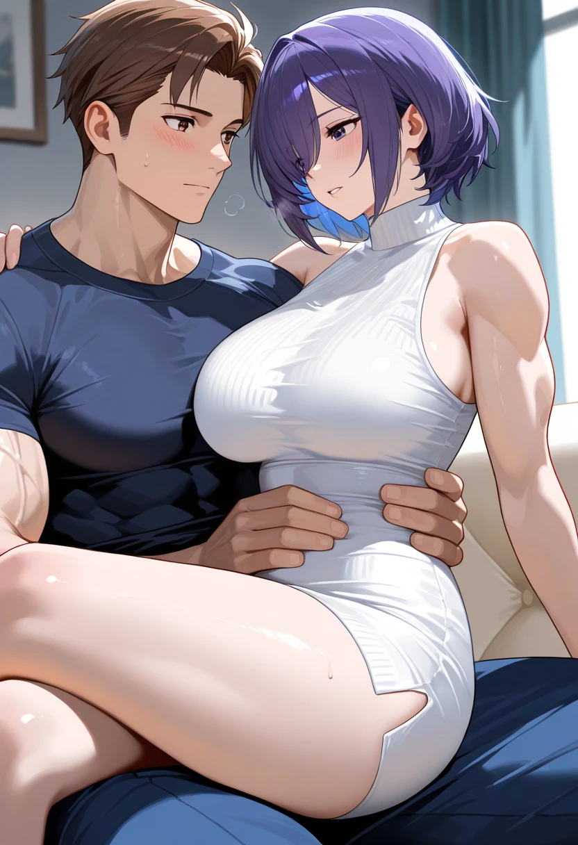 1boy, mature woman, 40yo woman, white skin, slim, gigantic breast, curvy body, black short hair, bob cut, hair between eyes, blue eyes, black bikini, micro bikini, side-tie bikini, ball bra, black knee highs, foreskin, balls, duo, couple, interracial, big dom small sub, height difference, age difference, faceless male, young boy, smaller male, mature male, completely nude, large penis, big penis, veiny penis, score_9, handjob, penis grab, hand on another's shoulder, penis size difference, 2 penises, flaccid, precum, blush, motion lines, on red sofa, on red couch, grey background Negative prompt: score_4, score_5, blurry, hetero, pussy, vaginal, vagina, cameltoe, breasts, female, woman, girl, she, uterus, censored, mosaic censorship, bar censor