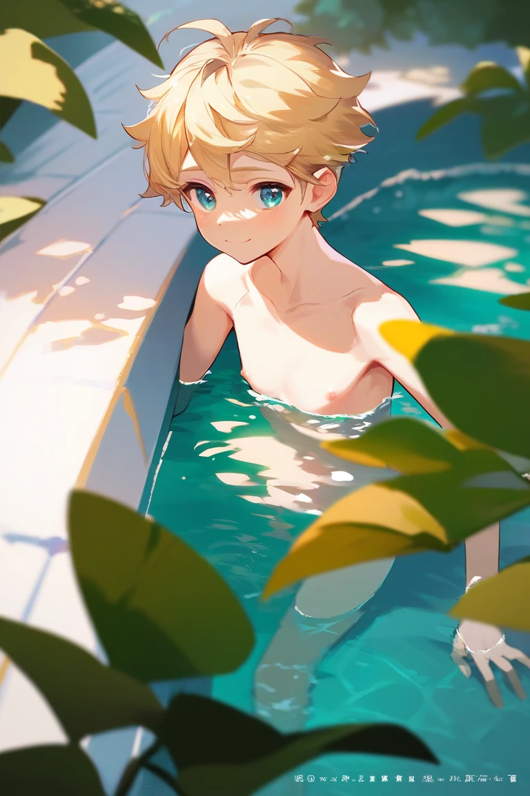 furry,Shota,swim,(best quality),(masterpiece),Wearing only a transparent light blue thong,no shirt,no coat,lying in water,Lovely
