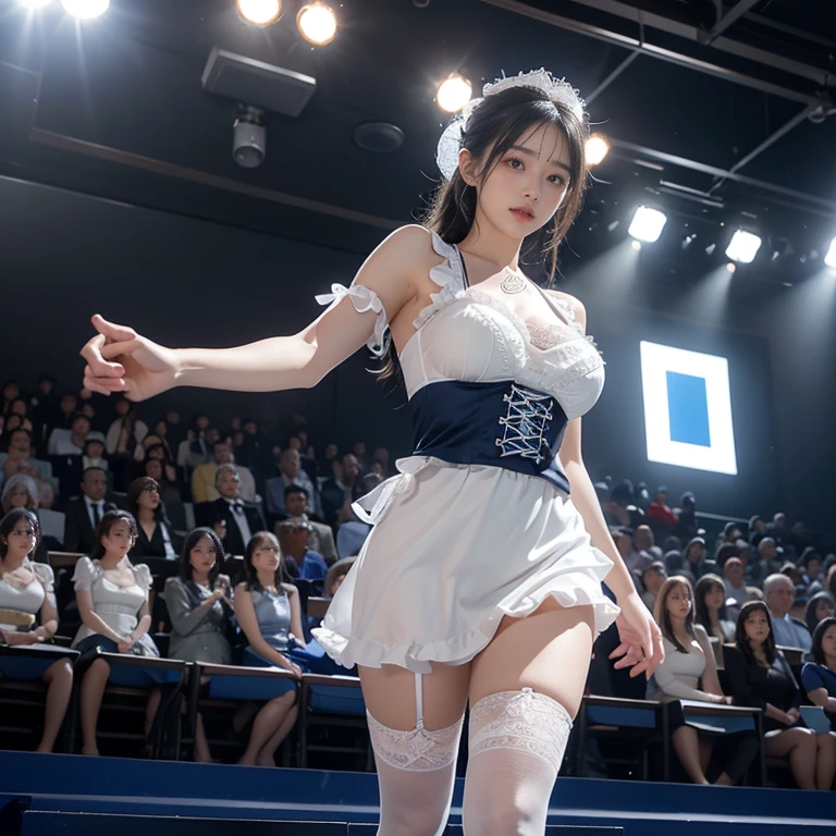 masterpiece, 1girl, Wide hips, naughty smile, Skindentation, blush, (silk blouse, navy skirt, black heels, standing, awards ceremony, accepting award, people in background, clapping, proud expression:1.2), cleavage, midriff, arms behind back <lora:MilaAzul_2.0:0.9>