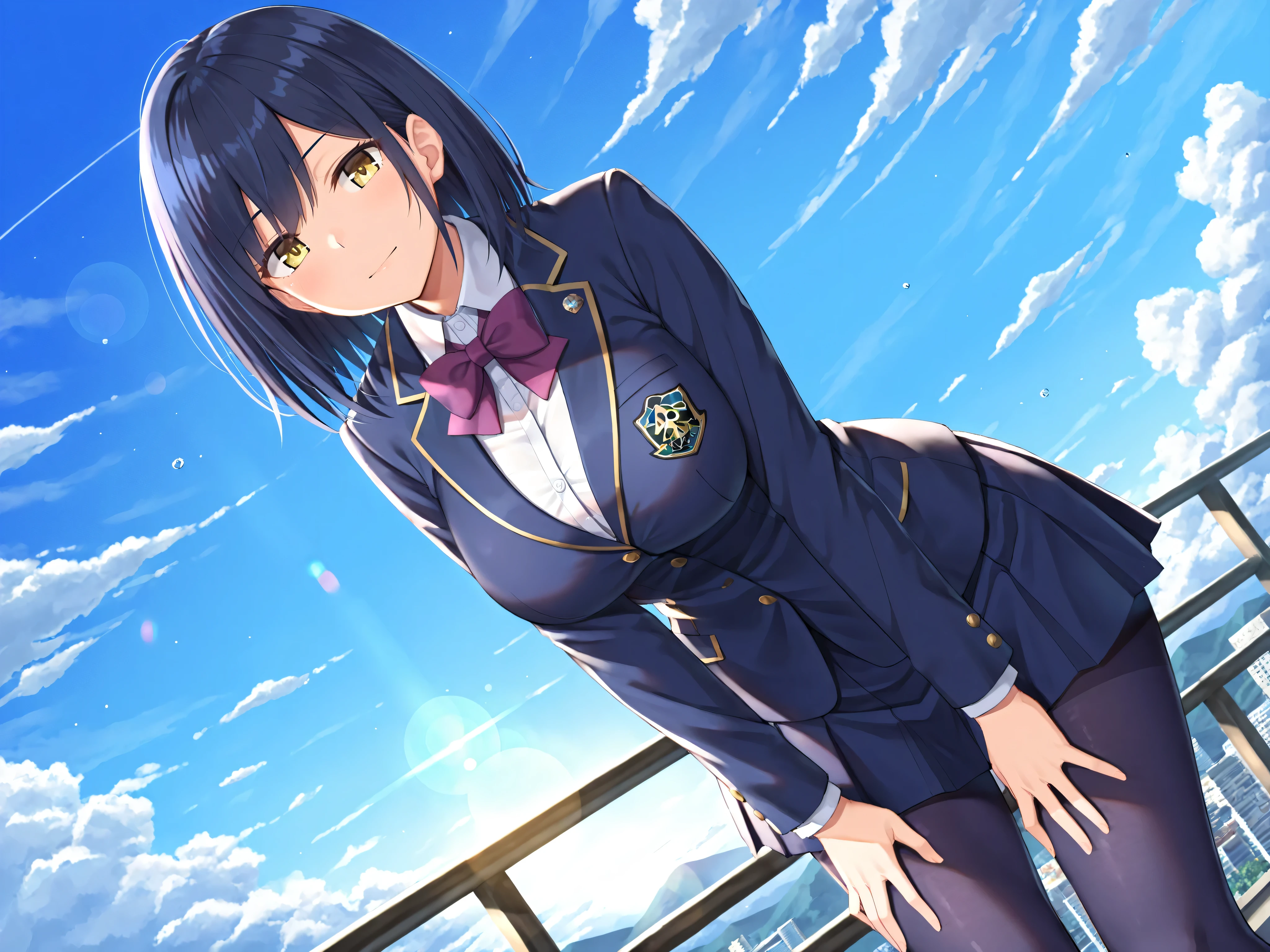 solo,masterpiece,best quality, amazing quality, highres, absurdres, very aesthetic, high resolution, ultra detailed, perfect details,nijirin,large breasts,yellow eyes,blue hair,black hair,moles,medium hair,nijirincos,white shirt,collared shirt,purple bowtie,blazer jacket,blue jacket,closed jacket,blue skirt,miniskirt,pleated skirt,dark blue pantyhose,(masterpiece, detailed:1.2)、look at viewer,mature female