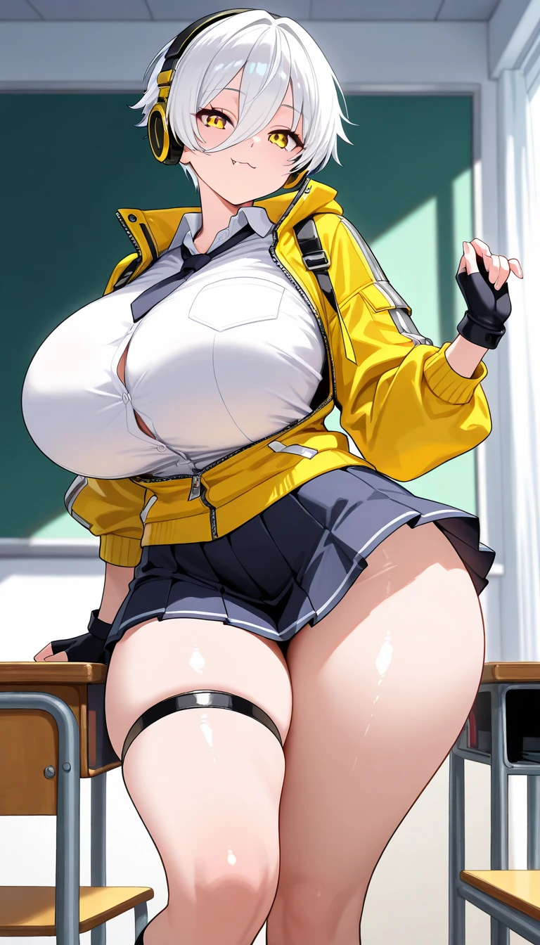 1 girl，high school girl，High-cut underwear，((Low Angle，，Tight Skirt，Cowboy Shot，panties under pantyhose，Pointed Chest，Very exquisite white panties，Very flashy white panties，pubic hair，Black knee-high tights，cameltoe))，（(pubic hair:1.5)），((highest quality, wonderful,8k, masterpiece :1.3)), (Realistic, photoRealistic:1.4),((Brown skin)),（very fine and beautiful skin,Black gal）,blonde，,Very detailed,Cinema Lighting, Detailed light, Best Shadow, Dynamic Angle,Elaborate panties（High leg pants:1.1）,Super big boobs:1.6, Plump thighs, mini skirt（Pleated skirt），Indentation:1.5，Skirt flip,，In the classroom