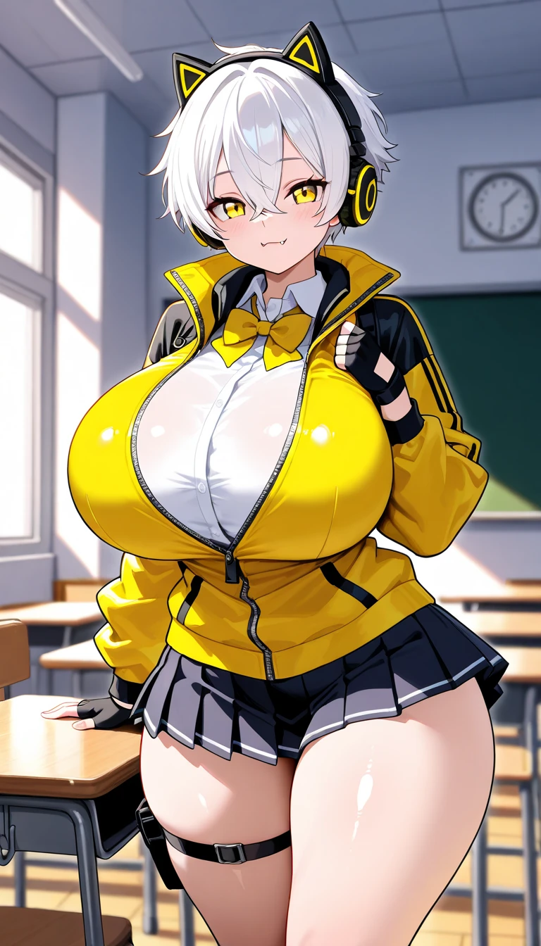 satyrcpt, satyr, goat_horns, legfur, animal ears, solo, 1girl, blonde hair, short hair, amber eyes, no light, dark skin, (gyaru),gyaru clothes, gyaru hair, school shirt, school skirt, piercings, earrings, (tomboy), large breasts, (tall), school, classroom, school bully, sfw,