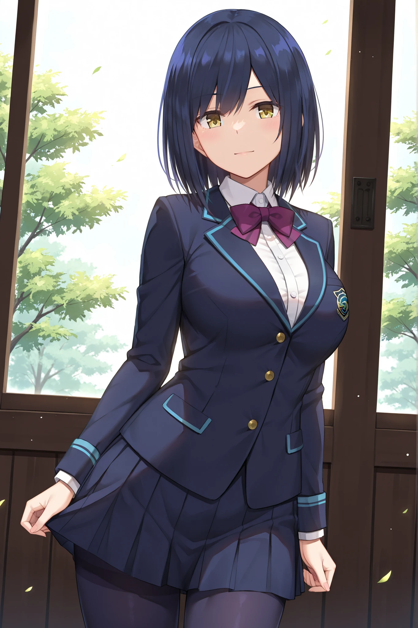 solo,masterpiece,best quality, amazing quality, highres, absurdres, very aesthetic, high resolution, ultra detailed, perfect details,nijirin,large breasts,yellow eyes,blue hair,black hair,moles,medium hair,nijirincos,white shirt,collared shirt,purple bowtie,blazer jacket,blue jacket,closed jacket,blue skirt,miniskirt,pleated skirt,dark blue pantyhose,(masterpiece, detailed:1.2)、look at viewer,mature female