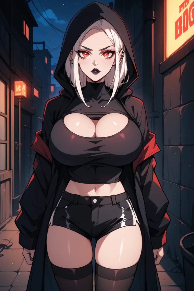 Nsfw, masterpiece, 1girl, solo, faust_(limbus_company), white hair, short hair, blue eyes, light blush, dull expression, expressionless, alternative costume, ascot, cloak, hooded cloak, bodysuit, wetsuit, zipper, big breasts, perky breasts, cleavage, covered nipples, navel, walking, looking up, on the streets, raining, cowboy shot, bloody face, bloody hair