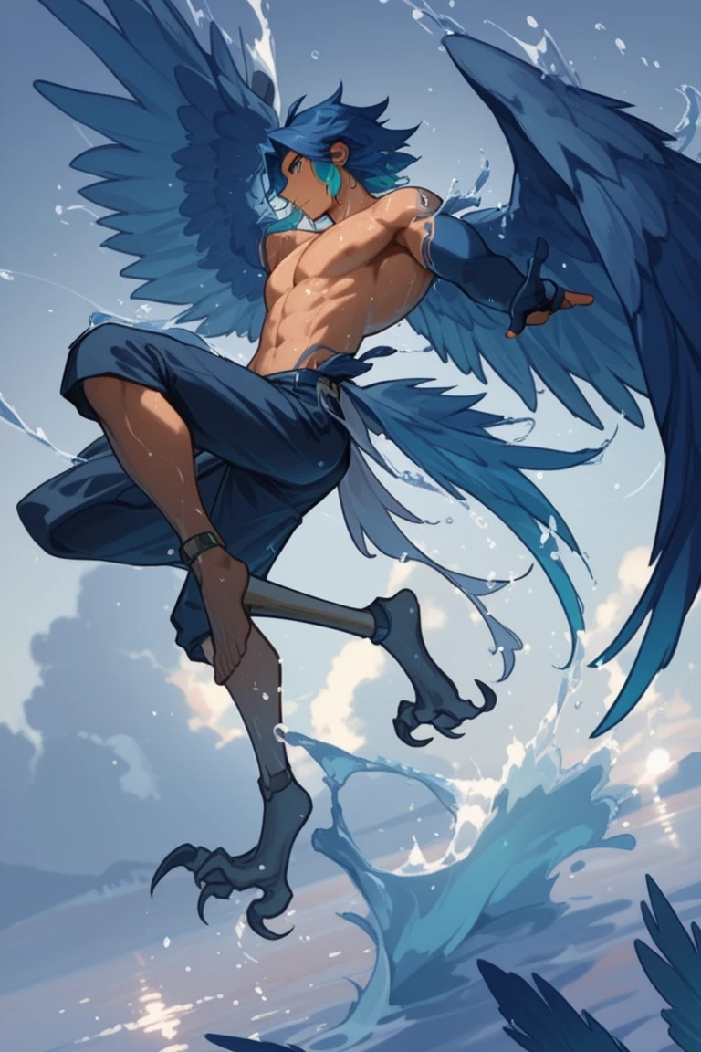 Corpo grande, defined abdomen, strong upper arms, tatuado, tatuagem, runas, asas grandes, pernas fortes, Erection, pele branca, nuvens, lua, brilho azulado, corpo inteiro, alta qualidade, flawless aesthetic, anime dash, olhos vermelhos, corpo masculino, seminu, angelical