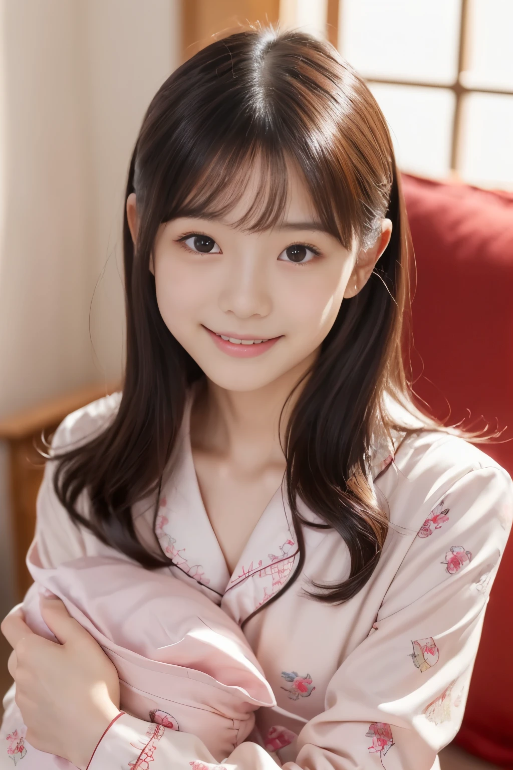 (((masterpiece))), ((( full body display 、抱き合うsister、gentle smile))), (beautiful Japanese girl, 二人の可愛いsister) ,(ultra-high precision, realistic, very detailedな, 8k,top quality, very detailed, Detailed Background),(slender figure,flat chested,small breasts,とても美しいbeautiful Japanese girl), (detailed faces with ofisu:1.3), (boyish short hair、with beautiful dark hair :1.4), (face, cute,adorable beautiful), (perfect body:1.1),Very detailed face、detail lips that grab viewers、very detailedな目, Accurate limbs,junior gravure idol,Beautiful skin、 Beautiful skin ,realistic:1.37,No makeup,(top quality, masterpiece), (sister,elementary school student),Red cheeks、cute pajamas in my arms、I'm throwing pillows、Holding a pillow、has a pillow