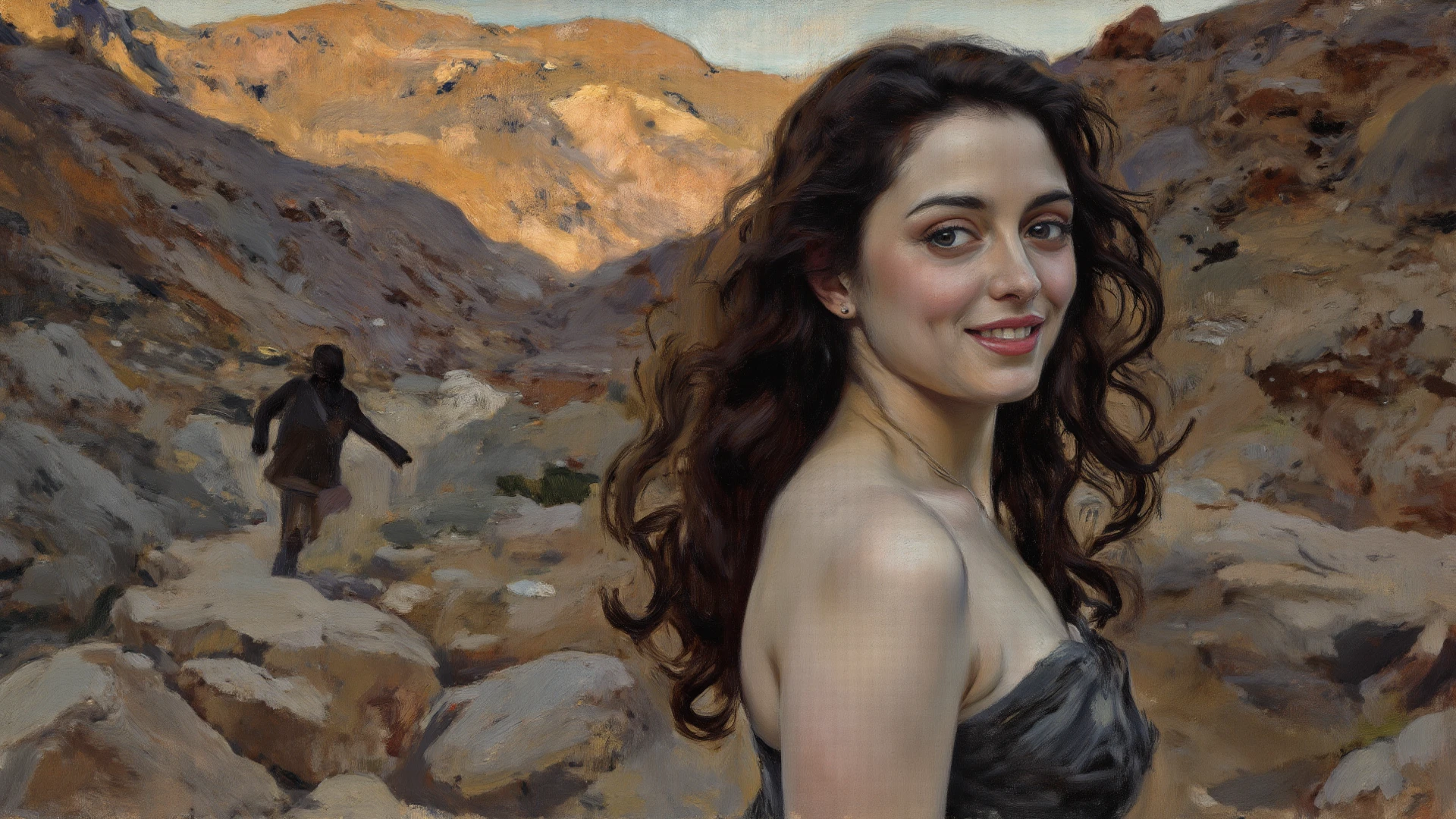 alone in the universe, in watercolor style, Photorealism, discreet golden and ruby and mint shades, (nude) gentle modest thin girl 16 years old (with a very beautiful exquisite face) southern type with short dark hair with beautiful breasts with tender nipples (barefoot) in a long burgundy skirt walking in the distance (Across the desert), stunted little plants, drought, precious jewelry on the neck and chest and on the wrists, precious bracelets, ankle bracelets