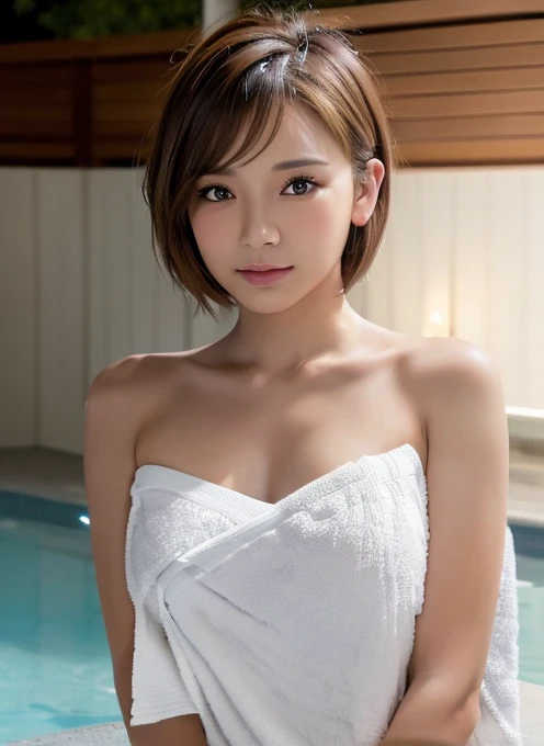 A 25-year-old young and beautiful Japanese woman relaxing in a luxurious sauna and spa. She has smooth, flawless skin, long silky black hair, and expressive, captivating eyes. The scene is set in a serene and elegant environment, with warm lighting and a tranquil ambiance. The woman is wearing a comfortable spa robe, her hair is gently tied back, and she has a peaceful smile on her face. The sauna room features wooden benches and soft steam, while the spa area includes a bubbling hot tub and soothing water features. Candles and soft towels add to the relaxing atmosphere. The overall setting should convey relaxation, comfort, and rejuvenation. The image should be captured as if by a famous photographer, using a Canon EOS R5 camera to ensure high realism and detail."