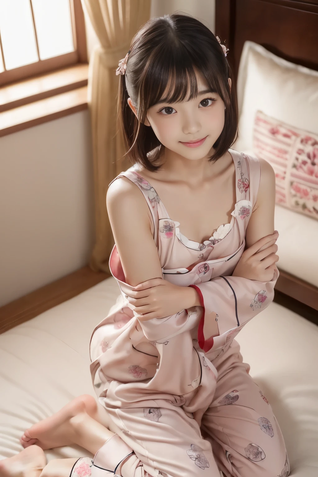 (((masterpiece))), ((( full body display 、抱き合うsister、gentle smile))), (beautiful Japanese girl, 二人の可愛いsister) ,(ultra-high precision, realistic, very detailedな, 8k,top quality, very detailed, Detailed Background),(slender figure,flat chested,small breasts,とても美しいbeautiful Japanese girl), (detailed faces with ofisu:1.3), (boyish short hair、with beautiful dark hair :1.4), (face, cute,adorable beautiful), (perfect body:1.1),Very detailed face、detail lips that grab viewers、very detailedな目, Accurate limbs,junior gravure idol,Beautiful skin、 Beautiful skin ,realistic:1.37,No makeup,(top quality, masterpiece), (sister,elementary school student),Red cheeks、cute pajamas in my arms、I'm throwing pillows、Holding a pillow、has a pillow