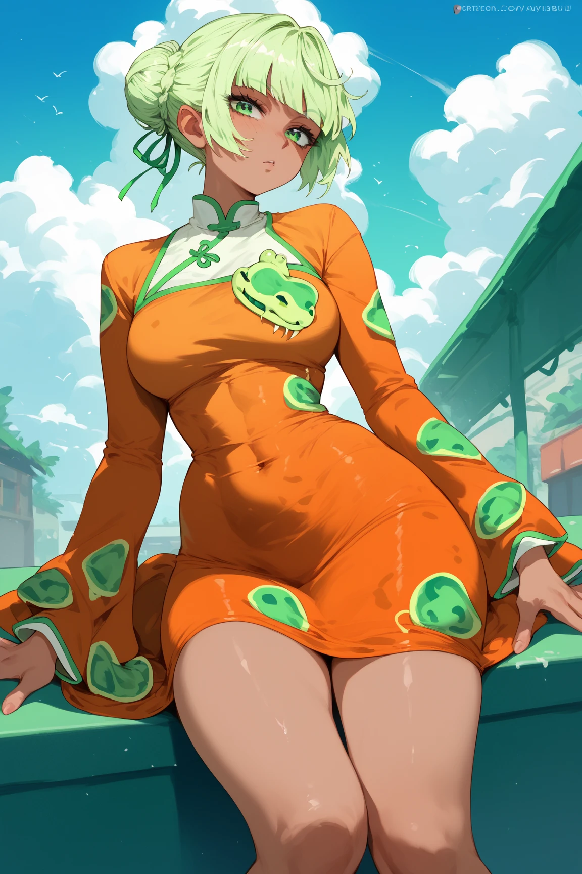 tatsumaki,Bare leg base,on cheongsam,Short green hair,Grass amusement park,Cute loli style,having fun
