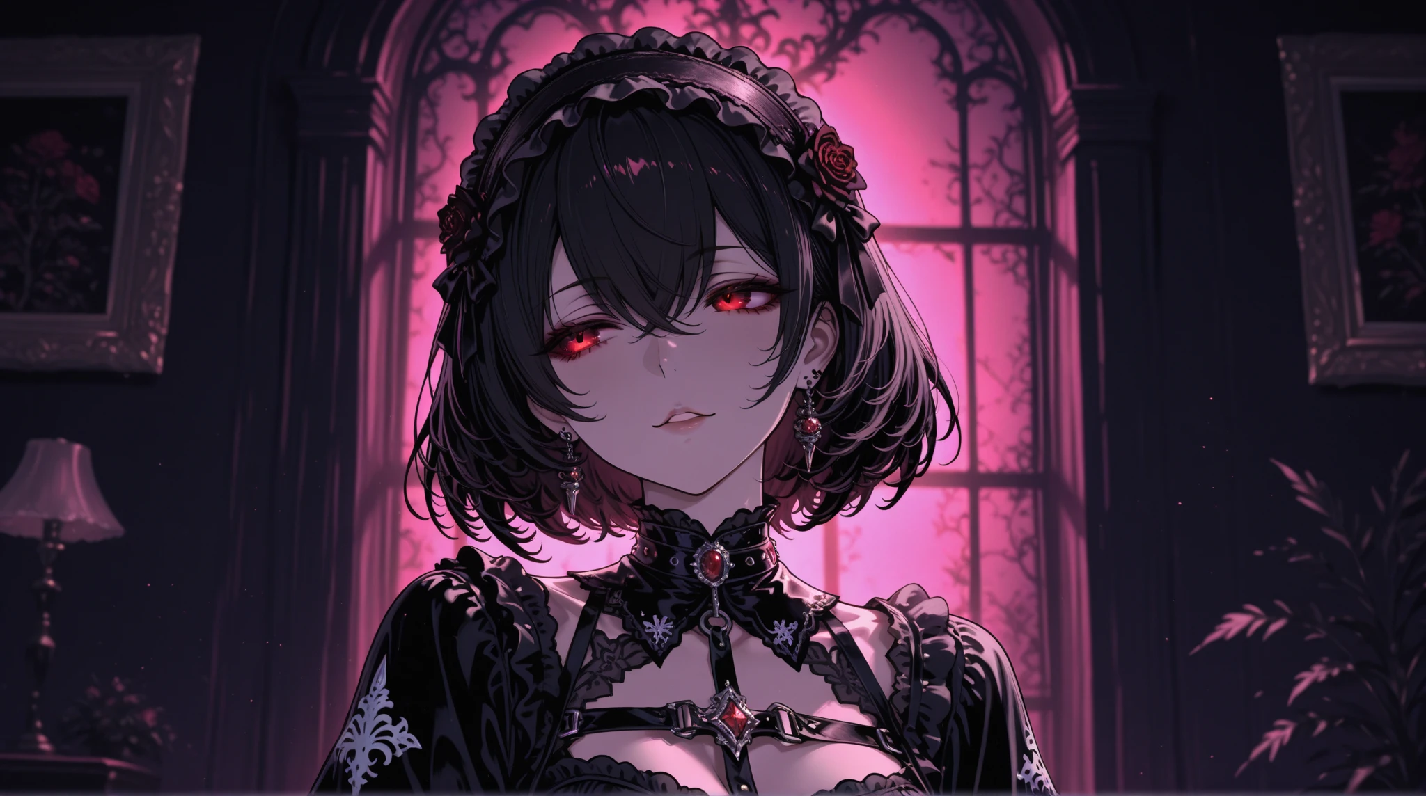 vampire woman, Victorian dress, absurdres, RAW photo, extremely delicate and beautiful, masterpiece, Best Quality, ultra high resolution, 32k, hyperrealistic, ultra-detailed, detailed description, pale skin, 20 years old, tearful mole, earring, medium breasts, short medium hair, wavy hair, whole body shot,