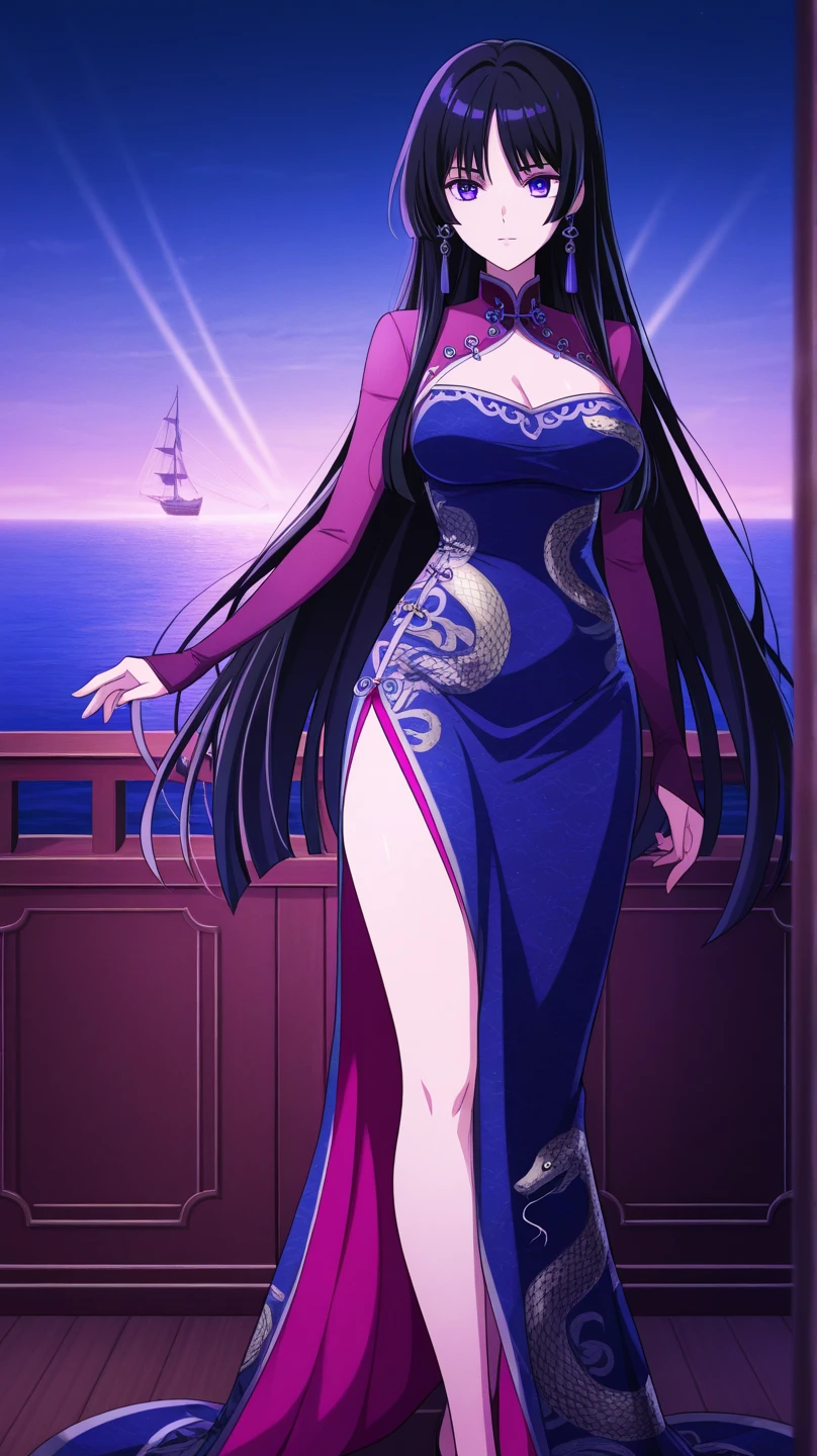 1 girl, (masterpiece), best quality, expressive eyes, perfect face, Chichi, black eyes, black hair in Japanese style ponytail with two long bangs, busty, pink reddish split Japanese dress open cleavage, purple full tights, red high heels, on cruise ship, standing smiling, full picture