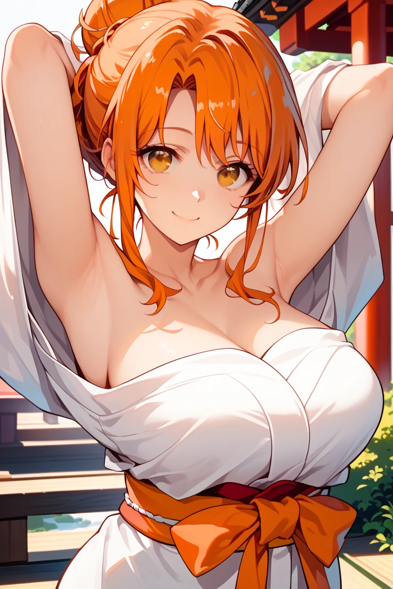 (Masterpiece, Best Quality, High Quality),volumetric lighting, illustration, beautiful, curvy body,perfect lighting, perfect shadows, (breathtaking scenery:1.1), blushing, facing viewer, standing,Kousaka honoka, blue eyes, orange hair,karate gi,white karate custom, big breasts,no bra, cleavage, sweating, smile
