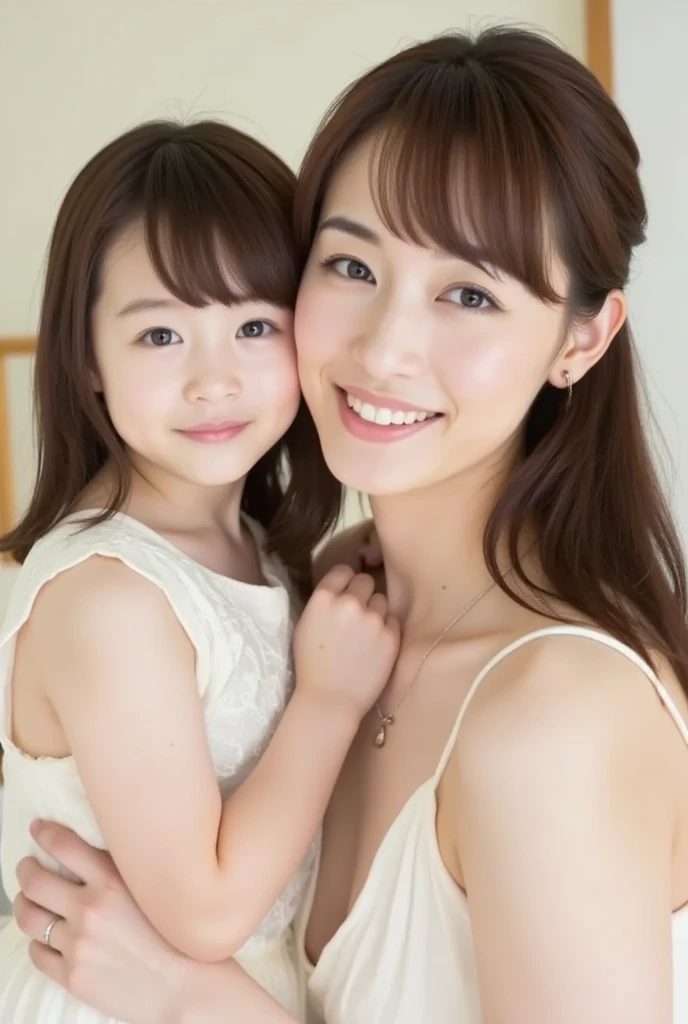 japanes、(Best Quality,Photorealistic,hight resolution),femele,Beautiful detailed eyes,Beautiful detailed lips,Smiling,Laughing,Cute,having fun,Joyful,excited,cosy atmosphere,,magical moments,glinting,Elegant dresses,,love and laughter、a baby face、Looking at the camera