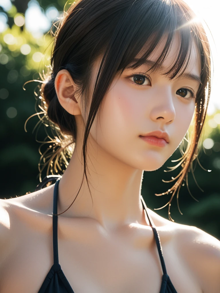 (8k, RAW photos, highest quality, masterpiece: 1.7), (Realistic, Photorealistic: 1.9), nsfw, black hair, bangs, (blushing), sweaty face, campsite, full body, (small breasts), (standing), open mouth a little,