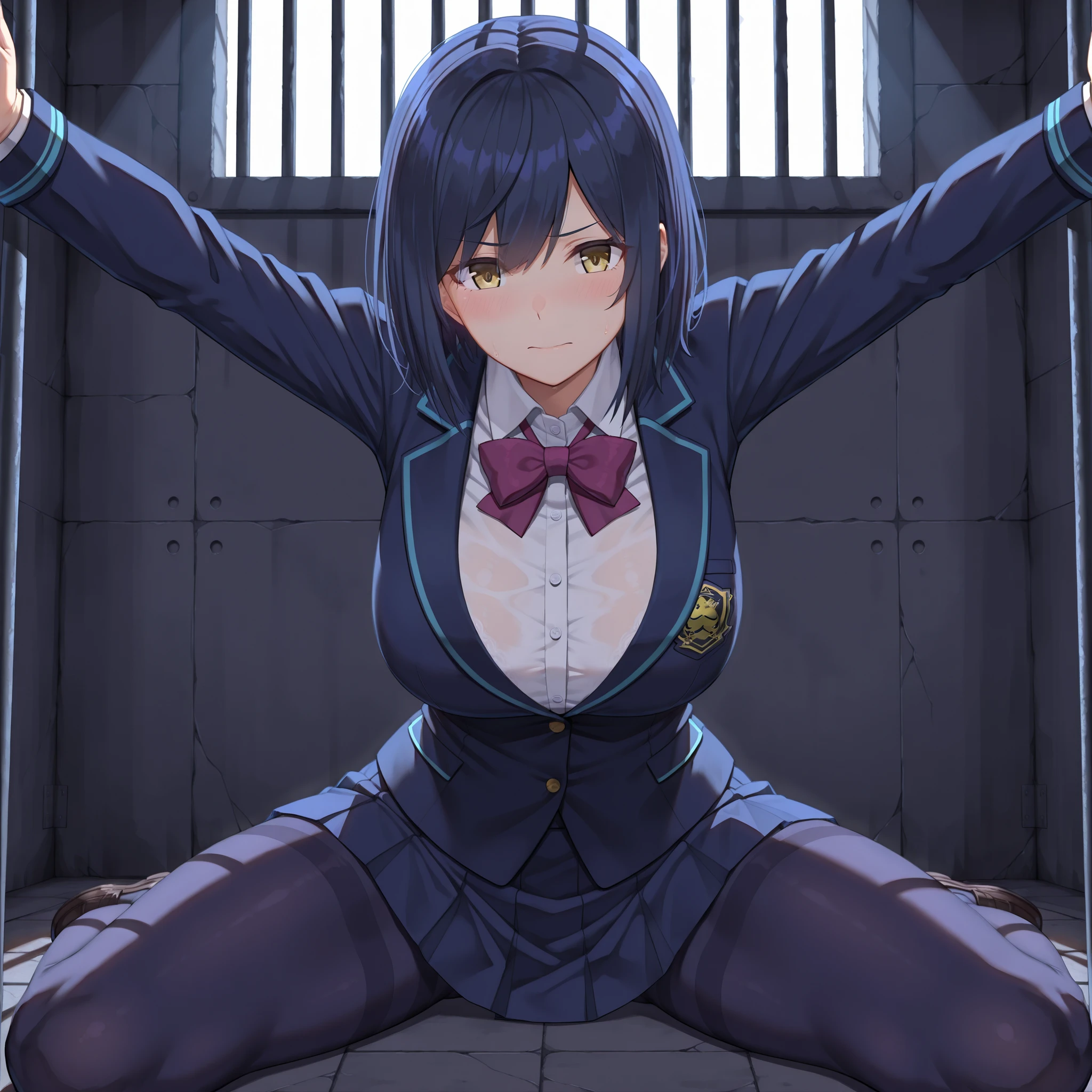solo,masterpiece,best quality, amazing quality, highres, absurdres, very aesthetic, high resolution, ultra detailed, perfect details,nijirin,large breasts,yellow eyes,blue hair,black hair,moles,medium hair,nijirincos,white shirt,collared shirt,purple bowtie,blazer jacket,blue jacket,closed jacket,blue skirt,miniskirt,pleated skirt,dark blue pantyhose,(masterpiece, detailed:1.2)、look at viewer,mature female、On ground, arched back, spread arms, spread legs, chaihained legs, Indoors, prison cell,looking at viewer, embarrassed,bent over,wariza