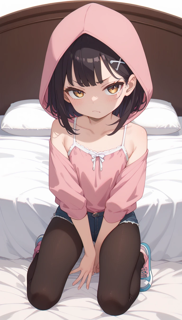 (score_9, score_8_up), score_7_up, score_6_up, score_5_up, score_4_up, Zenko, 1girl, black hair, hair ornament, hairclip, black eyes, short hair, beige cardigan, cardigan, pink dress, red ribbon, lying on bed, on stomach, elbow rest, hands on chin, looking away, expressionless, white socks, black footwear, legs up, cheeks, pout, indoors, bedroom, close-up xaxaxa