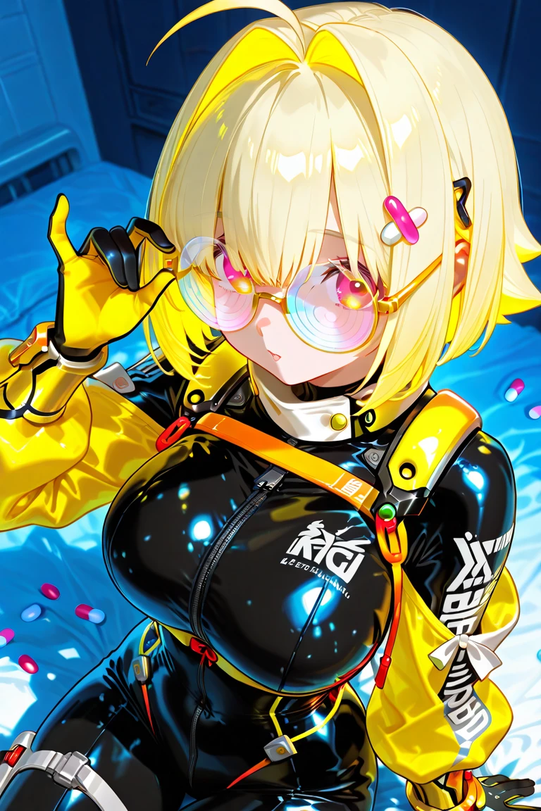 1 girl, pastelcolor, yellow hair strokes, Cyan eyes, short detailed hair, Small cat ears, Cyberpunk clothes, There are a lot of hairpins in the hair, Shoulders open, Hands open, Slimming the waist, A happy smile with a long tongue sticking out, Long tongue, whole-length, legsupms, Reference, Anime reference, Reference roles from different angles, white backgrounid