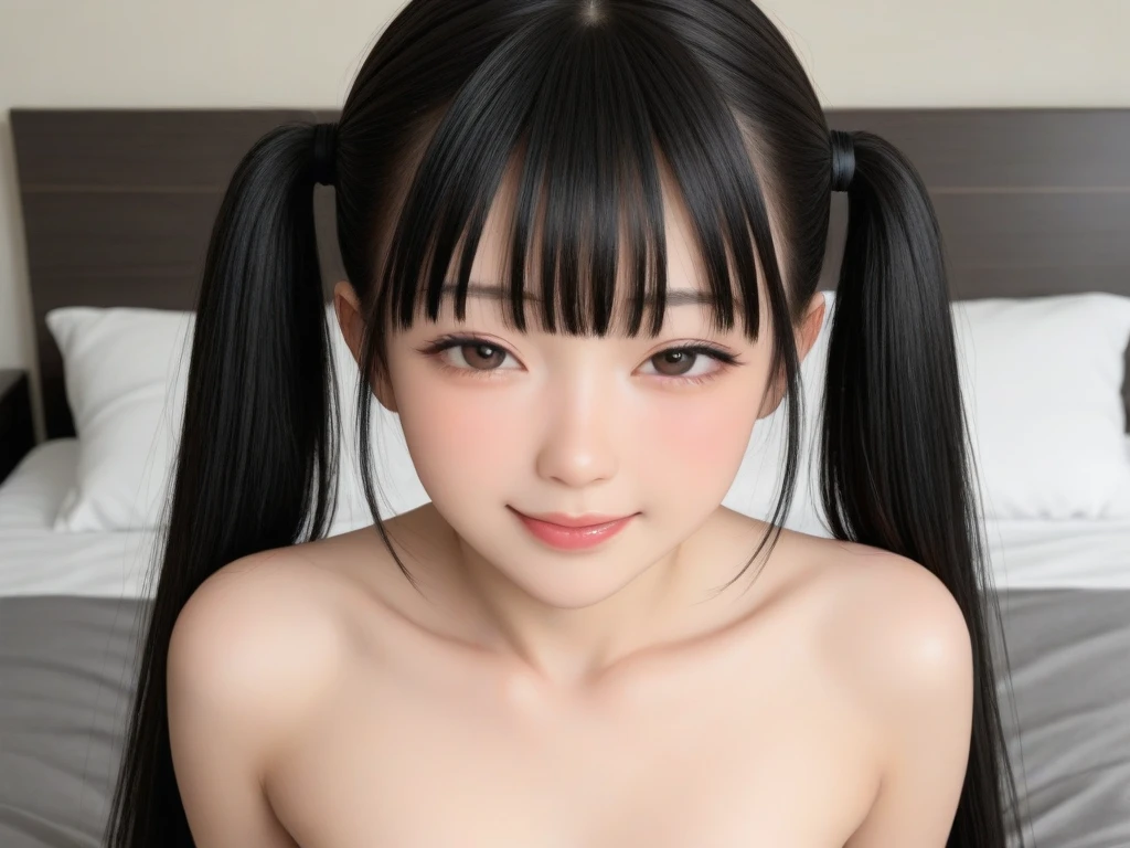 japanese person, cute, , twin tails, black hair, medium bust, shiny skin, naked, blush, tits