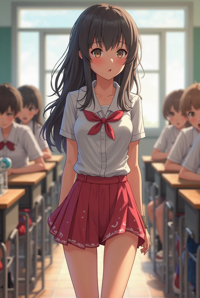 I want an image that reflects the moment when a girl in the middle of a class falls or falls off a school skirt while wearing red shorts with white hearts