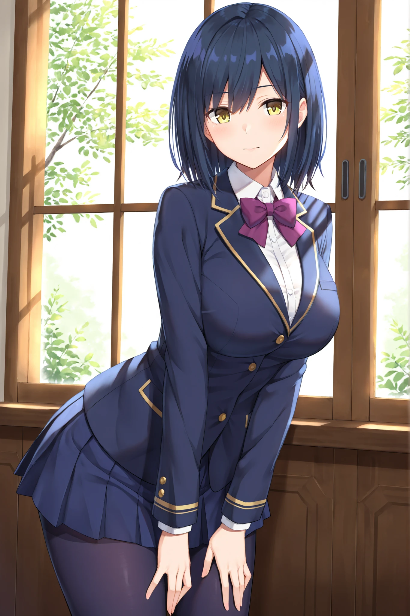 solo,masterpiece,best quality, amazing quality, highres, absurdres, very aesthetic, high resolution, ultra detailed, perfect details,nijirin,large breasts,yellow eyes,blue hair,black hair,moles,medium hair,nijirincos,white shirt,collared shirt,purple bowtie,blazer jacket,blue jacket,closed jacket,blue skirt,miniskirt,pleated skirt,dark blue pantyhose,(masterpiece, detailed:1.2)、look at viewer,mature female